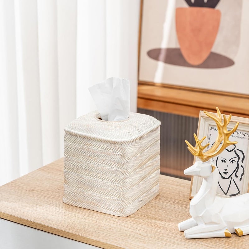 Polytree Tissue Box Cover Square Resin Tissue Holder for Home Decor,Hand Carved Wicker Tissue Box Holder,5.3 x 5.3 x 5.9 inches, Farmhouse White - Image 4